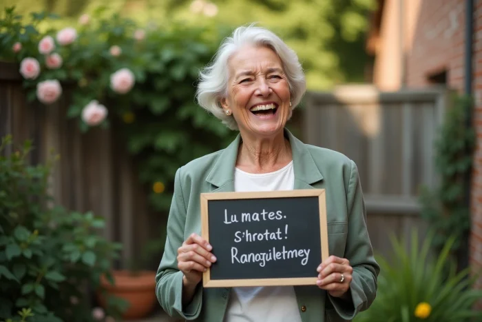 Femme souriante tenant un panneau humoristique pour célébrer 40 ans de mariage dans un jardin fleuri