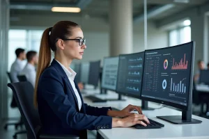 Femme professionnelle utilisant des logiciels informatiques sur double écran dans un bureau moderne pour optimiser les performances de son entreprise en 2024