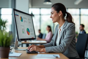 Femme professionnelle analysant des solutions web sur un écran d'ordinateur dans un bureau moderne