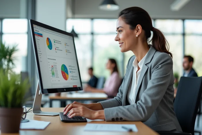 Femme professionnelle analysant des solutions web sur un écran d'ordinateur dans un bureau moderne