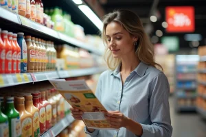 Femme consultant un prospectus de promotions Intermarché dans un rayon de supermarché pour optimiser ses achats