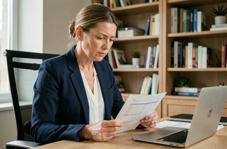 Femme consultant un relevé bancaire Predica Crédit Agricole à son bureau à domicile
