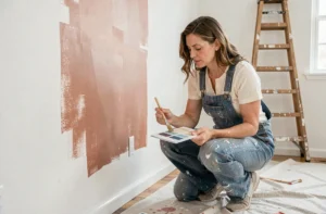 Femme en salopette qui peint un mur lors de travaux de rénovation intérieure dans un salon