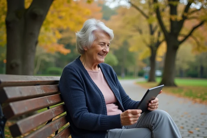 Une femme retraitée consulte ses économies sur une tablette dans un parc en automne avec sérénité