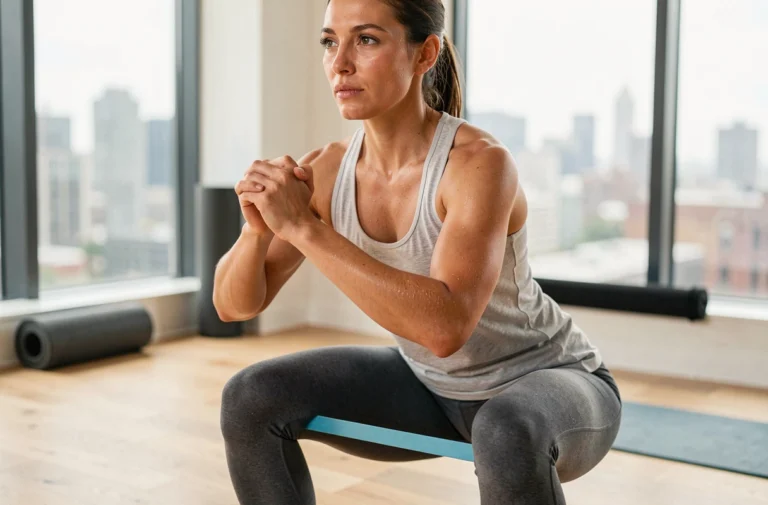Femme pratiquant des squats avec bande de résistance dans un home gym moderne, tenue de fitness grise, sol en bois clair