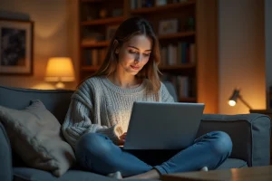 Jeune femme regardant un film en streaming sur son ordinateur portable dans un salon confortable
