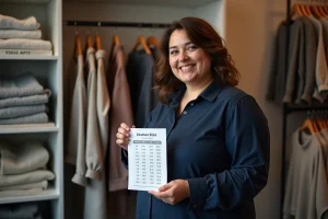 Femme taille 7XL lisant une étiquette de taille dans un magasin de vêtements grande taille