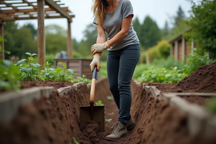 Femme creusant une tranchée dans un potager avec une pelle carrée, conseils pour jardinage