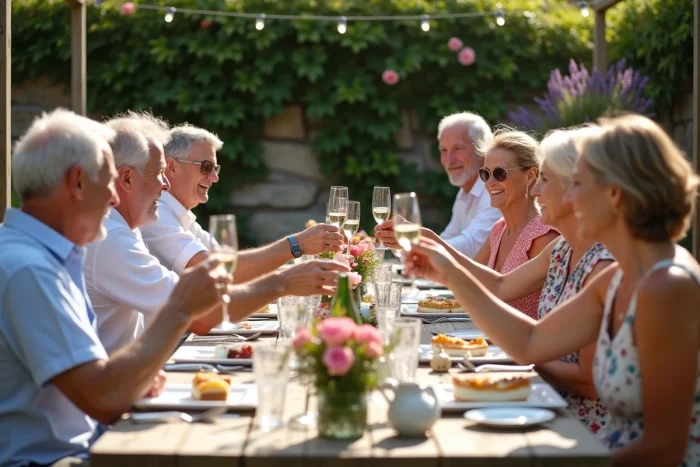 Groupe d'amis et famille réunis autour d'une table de jardin pour fêter un anniversaire de 60 ans avec champagne et décoration florale