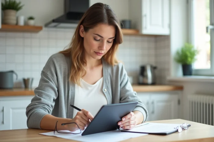 Une femme examine un contrat de micro-crédit Finfrog sur une tablette dans sa cuisine, symbolisant l'agrément IFP et la démarche officielle
