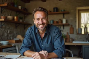 Homme souriant entouré de photos de famille et de lettres anciennes dans une maison de campagne française