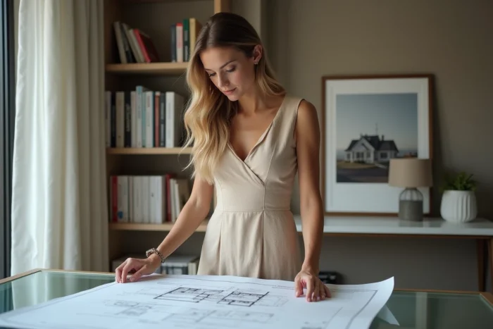 Femme professionnelle examinant des documents immobiliers dans un bureau moderne pour illustrer le patrimoine de Christina Haack