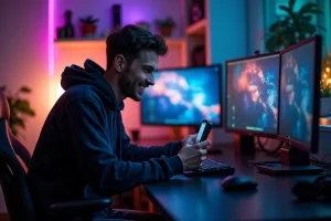 Jeune créateur de contenu souriant à son smartphone dans une salle de gaming moderne avec écrans lumineux