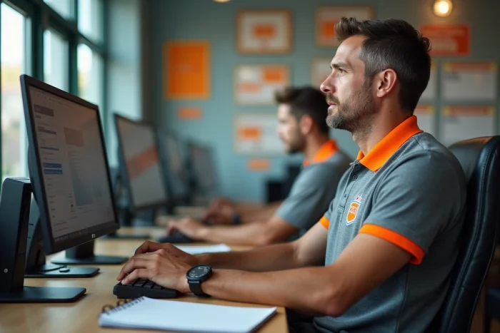 Administrateur de club football gérant son espace Footclub FFF sur ordinateur de bureau dans les locaux du club