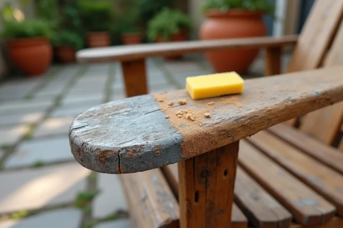 Gros plan sur un accoudoir de chaise de jardin en bois grisé en cours de traitement au dégriseur, montrant la transformation du bois avant et après application