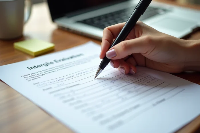 Gros plan sur la rédaction manuscrite d'une fiche d'appréciation de stage professionnelle