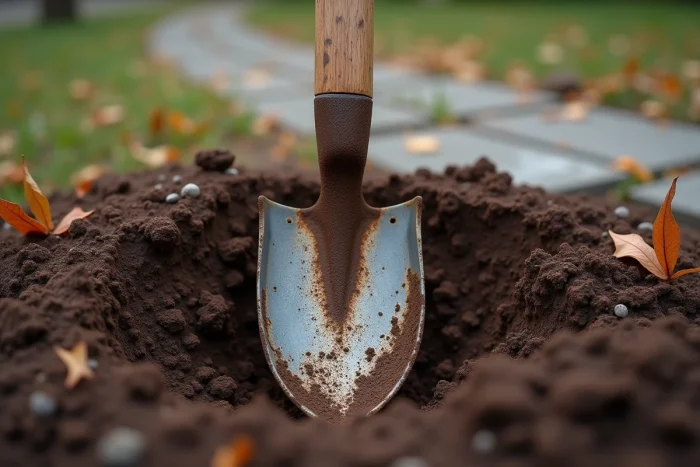 Gros plan d'une pelle plantée dans la terre du jardin, détail outil de jardinage pour creuser