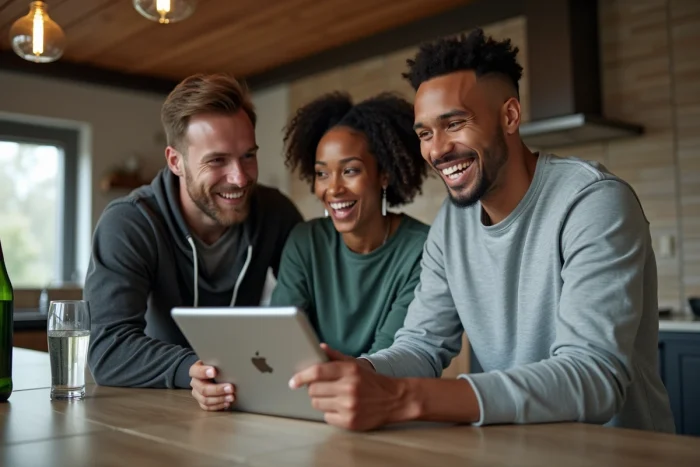 Groupe d'amis regardant un match de football en streaming sur une tablette dans une cuisine moderne