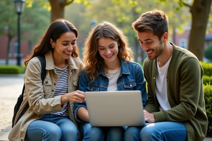 Groupe d'étudiants discutant des fonctionnalités de plateformes universitaires autour d'un ordinateur portable en plein air