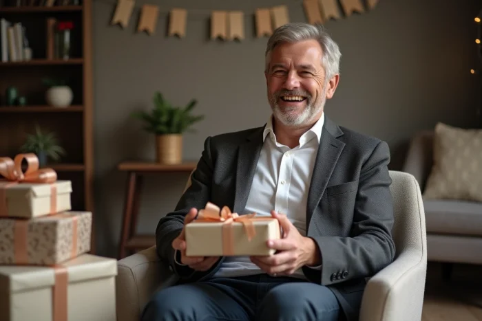 Homme de 60 ans souriant en tenant un cadeau d'anniversaire dans un salon décoré avec banderole et cadeaux emballés