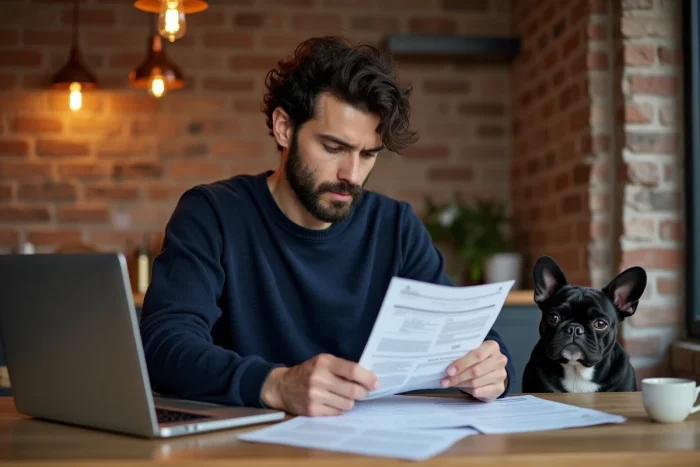 Homme comparant des contrats de mutuelle santé pour chien sur son ordinateur portable avec un bouledogue français à ses côtés