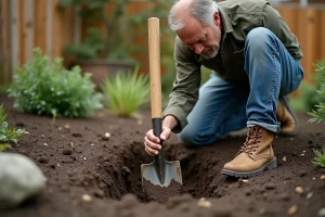 Homme creusant un trou dans le jardin avec une pelle bêche, technique de jardinage efficace