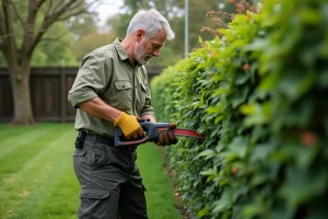Homme utilisant une élagueuse sans fil pour tailler une haie dans un jardin entretenu