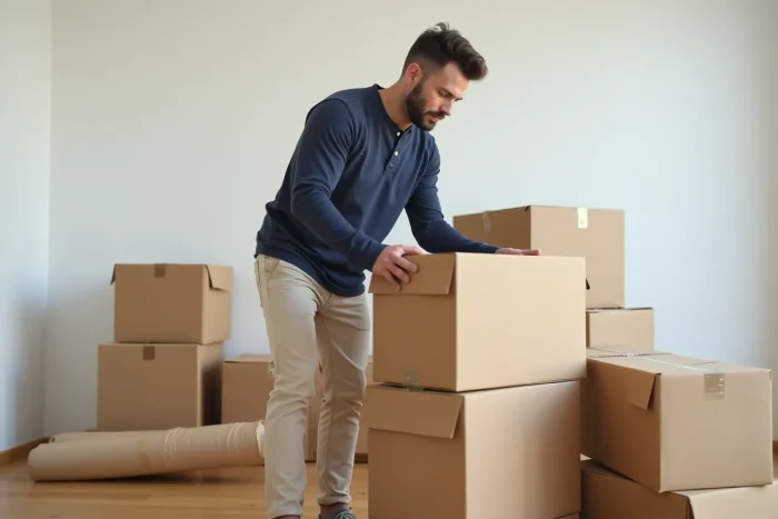 Homme empilant des cartons de déménagement à plat dans un salon minimaliste prêt pour un déménagement