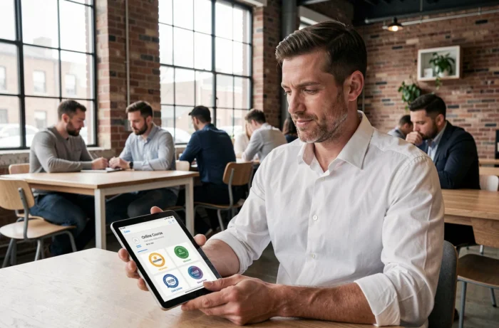 Homme consultant des avis sur des formations professionnelles en ligne sur une tablette dans un espace de coworking moderne