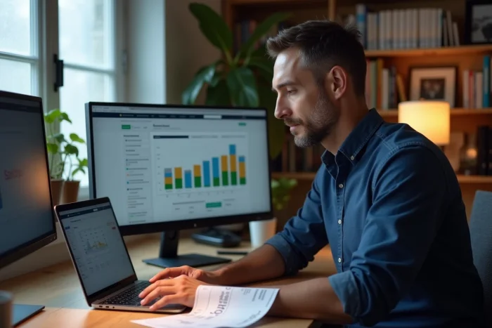 Homme consultant ses finances personnelles sur un ordinateur portable avec des tableaux de budget dans un bureau à domicile