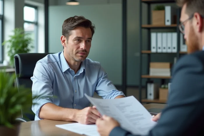 Homme discutant d'une garantie locative avec un conseiller dans une agence immobilière