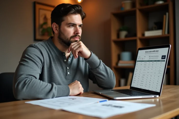 Homme consultant un guide de correspondance des tailles 7XL sur un bureau à domicile