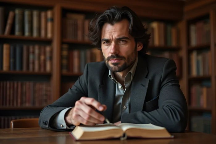Homme intellectuel en costume dans une bibliothèque française avec des livres anciens