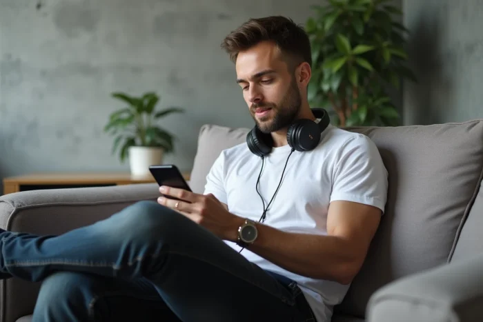 Homme écoutant de la musique convertie depuis YouTube sur son smartphone dans un salon moderne