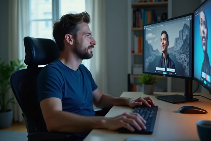 Homme naviguant sur un site de streaming gratuit depuis son bureau à domicile