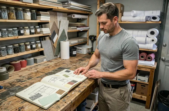 Homme consultant des plans de rénovation sur un établi dans un atelier de bricolage