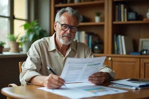 Un homme d'une cinquantaine d'années examine ses documents de planification retraite dans un bureau chaleureux à domicile