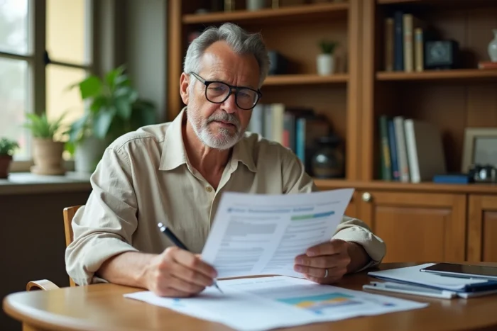 Un homme d'une cinquantaine d'années examine ses documents de planification retraite dans un bureau chaleureux à domicile
