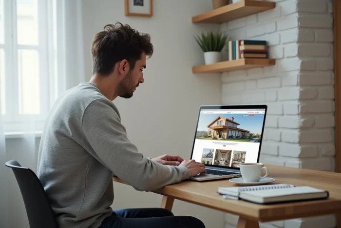 Homme recherchant des biens immobiliers en ligne dans un bureau à domicile, prenant des notes pour préparer son projet d'achat