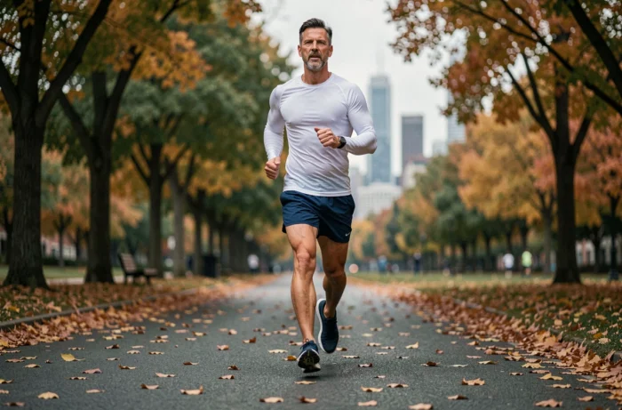 Homme en pleine course à pied dans un parc urbain en automne, tenue sport bleue et blanche, feuilles au sol