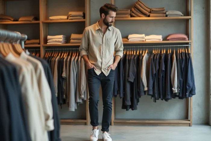 Homme stylé en jean indigo et chemise en lin parcourant un concept store minimaliste, inspiration mode masculine décontractée