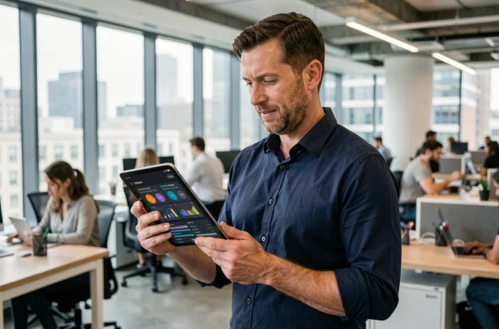 Homme consultant un tableau de bord d'actualités technologiques sur une tablette dans un espace de co-working urbain