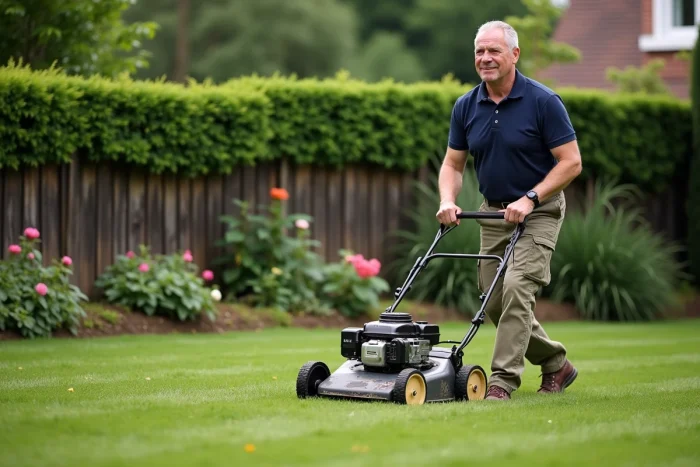 Homme utilisant une tondeuse thermique dans un jardin soigné avec haies et parterres de fleurs