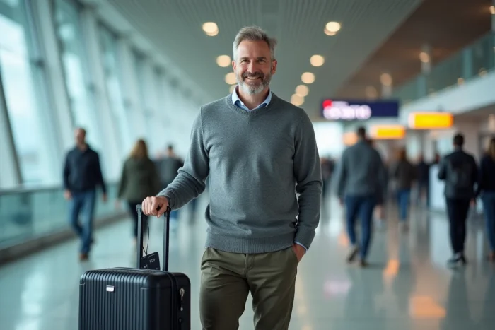 Homme tenant une valise avec étiquette bagage personnalisée imprimée dans un aéroport
