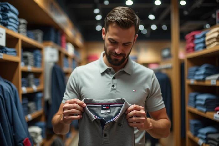 Homme examinant attentivement l'étiquette intérieure d'un polo Tommy Hilfiger dans une boutique pour détecter une éventuelle contrefaçon