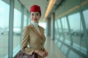 Hôtesse de l'air Emirates en uniforme beige et chapeau rouge dans un terminal d'aéroport moderne