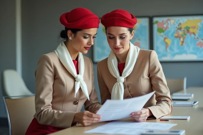 Deux hôtesses de l'air Emirates en réunion de briefing avant un vol