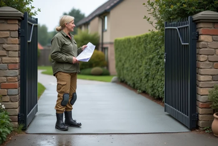 Femme inspectant le seuil de portail rénové après un ragréage réussi avec un guide technique à la main