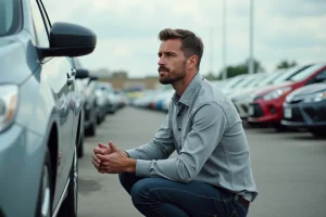 Homme inspectant une voiture d'occasion dans un grand parking de concessionnaire automobile
