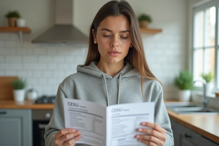 Jeune femme consultant un carnet de chèques Cesu pour comprendre le fonctionnement du code NAN